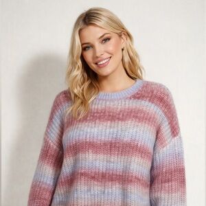 Arula Pink and Blue Crew Neck Sweater with Striped Pattern